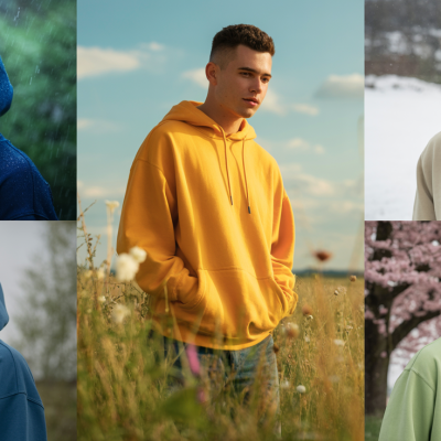 A collection of stylish hoodies and sweatshirts for men and women, displayed against a vibrant Indian backdrop, showcasing versatility for every season—summer, monsoon, winter, and spring—with PodLyft’s trendy designs.