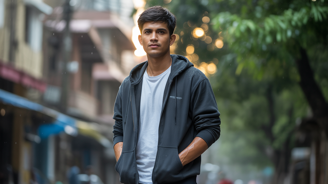 How Hoodies and Sweatshirts Go Beyond Winter A man wearing a vibrant floral hoodies in India, standing outdoors during monsoon season, showcasing PodLyft’s stylish and versatile design for year-round comfort.