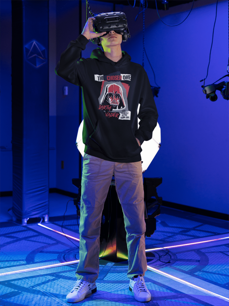 Black Men’s Darth Vader Hoodie, a Star Wars limited edition by PodLyft, featuring a bold Sith Lord print, 300 GSM for warmth.