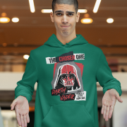 Bottle Green Men’s Darth Vader Hoodie, Star Wars exclusive by PodLyft, showcasing a dark Darth Vader graphic, 300 GSM fabric.