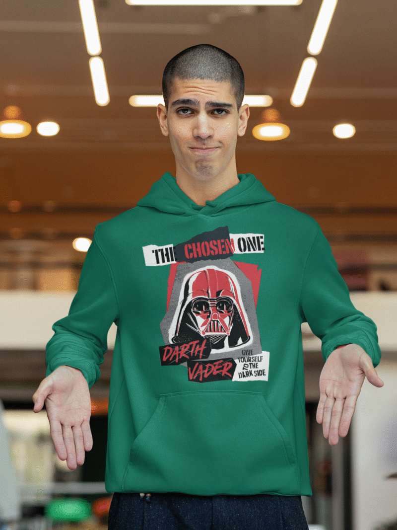 Bottle Green Men’s Darth Vader Hoodie, Star Wars exclusive by PodLyft, showcasing a dark Darth Vader graphic, 300 GSM fabric.