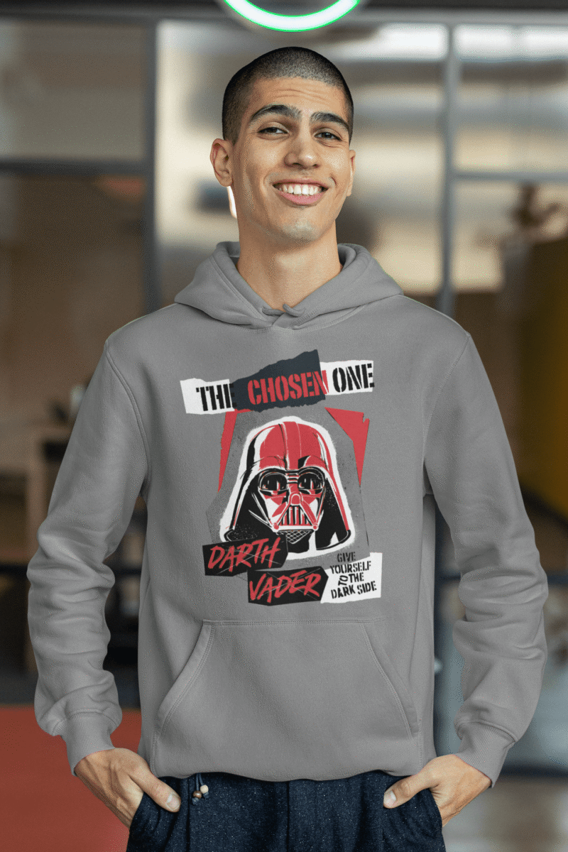 Grey Men’s Darth Vader Hoodie from PodLyft, Star Wars limited edition, with a striking Darth Vader design, 300 GSM for durability.