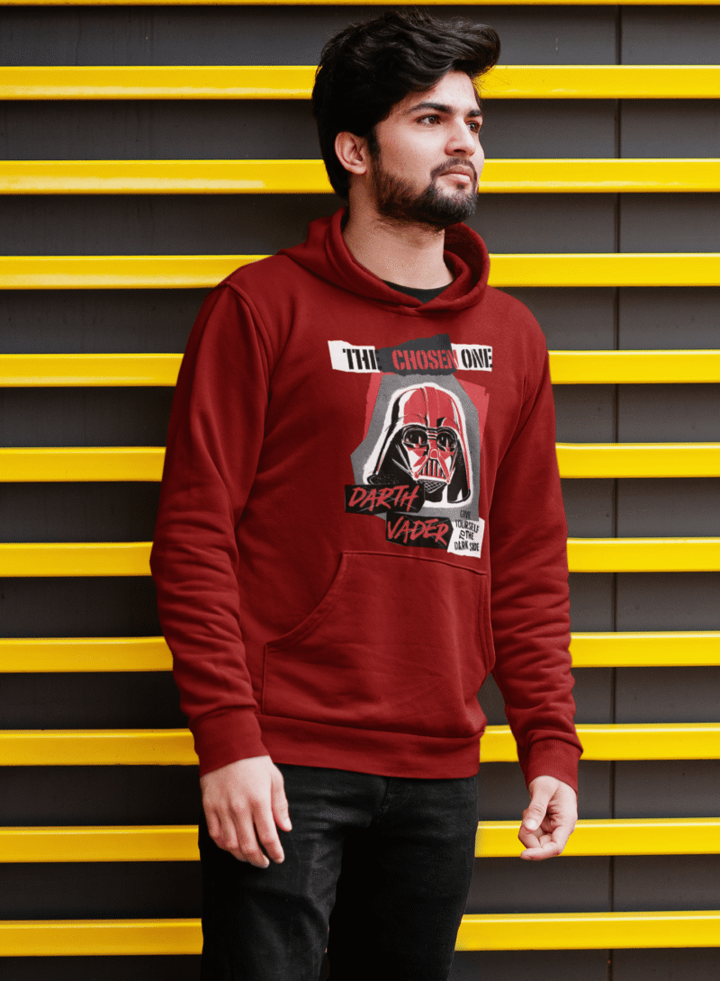 Maroon Men’s Darth Vader Hoodie, PodLyft’s Star Wars limited edition, with a vivid Sith print, 300 GSM for cozy warmth.