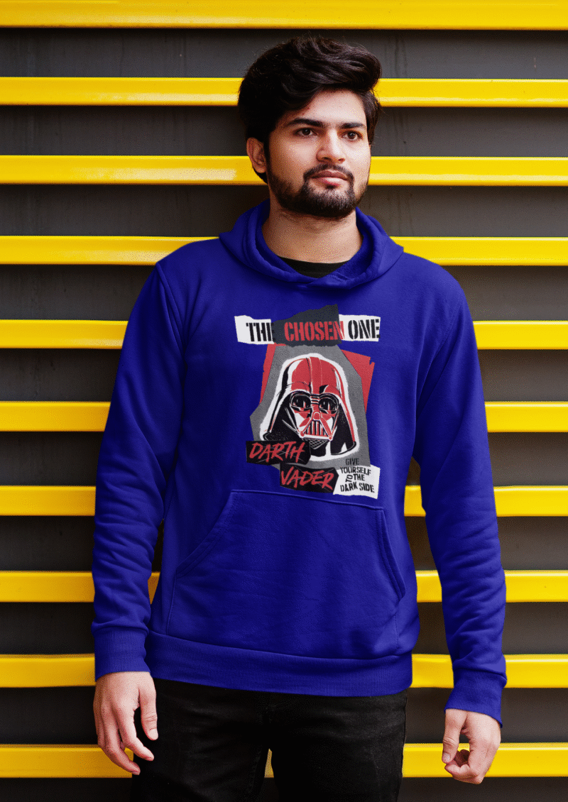 Navy Blue Men’s Darth Vader Hoodie, Star Wars special edition by PodLyft, featuring a fierce Vader design, 300 GSM for comfort.