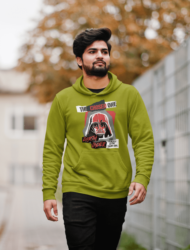 Olive Green Men’s Darth Vader Hoodie, a PodLyft Star Wars collectible, with a detailed Darth Vader print, 300 GSM for strength.