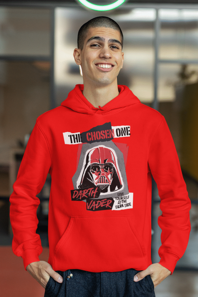 Red Men’s Darth Vader Hoodie, Star Wars limited run by PodLyft, displaying a powerful Vader graphic, 300 GSM for lasting warmth.