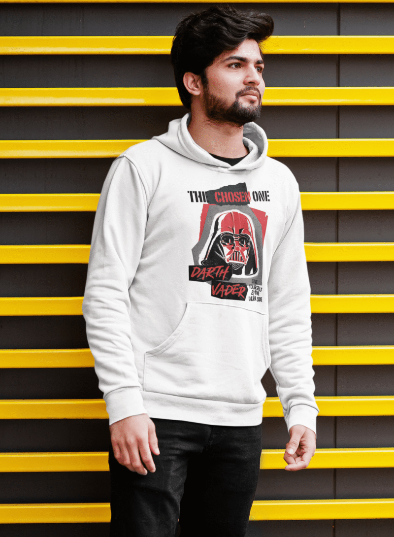 White Men’s Darth Vader Hoodie, Star Wars exclusive by PodLyft, featuring a standout Darth Vader print, 300 GSM for durability.