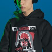 Men’s Darth Vader Hoodie in black, featuring an official Star Wars design with a bold Darth Vader print on the front, made with 300 GSM fabric for warmth and durability, ideal for Star Wars fans.