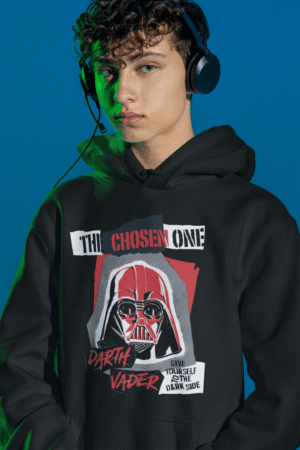 Men’s Darth Vader Hoodie in black, featuring an official Star Wars design with a bold Darth Vader print on the front, made with 300 GSM fabric for warmth and durability, ideal for Star Wars fans.