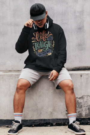 A black Men's Tough Spirit Hoodie from PodLyft, featuring a bold streetwear design with rugged graphics, crafted for durability and urban style.