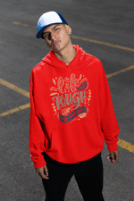 A red Men's Tough Spirit Hoodie from PodLyft, displaying a vibrant streetwear design with bold, edgy graphics, designed for standout style and everyday comfort.