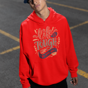 A red Men's Tough Spirit Hoodie from PodLyft, displaying a vibrant streetwear design with bold, edgy graphics, designed for standout style and everyday comfort.