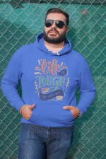 A royal blue Men's Tough Spirit Hoodie from PodLyft, featuring a vivid streetwear design with rugged, urban-themed graphics, blending modern flair with durability.