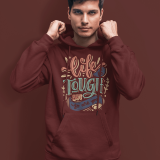 Man wearing PodLyft Men's Tough Spirit Hoodie in Deep Burgundy featuring motivational quote 'Life is Tough But So Are You' in bold, colorful retro typography – streetwear style for everyday confidence.