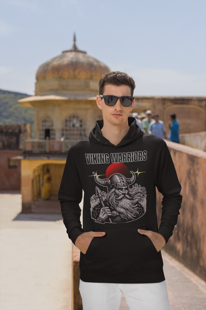 Black Viking Warrior Hoodie with fierce Norse design by PodLyft, featuring a detailed warrior illustration and bold typography.