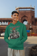 Bottle Green Viking Warrior Hoodie with bold Norse design by PodLyft, featuring a detailed warrior and dramatic red sun.