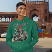 Bottle Green Viking Warrior Hoodie with bold Norse design by PodLyft, featuring a detailed warrior and dramatic red sun.