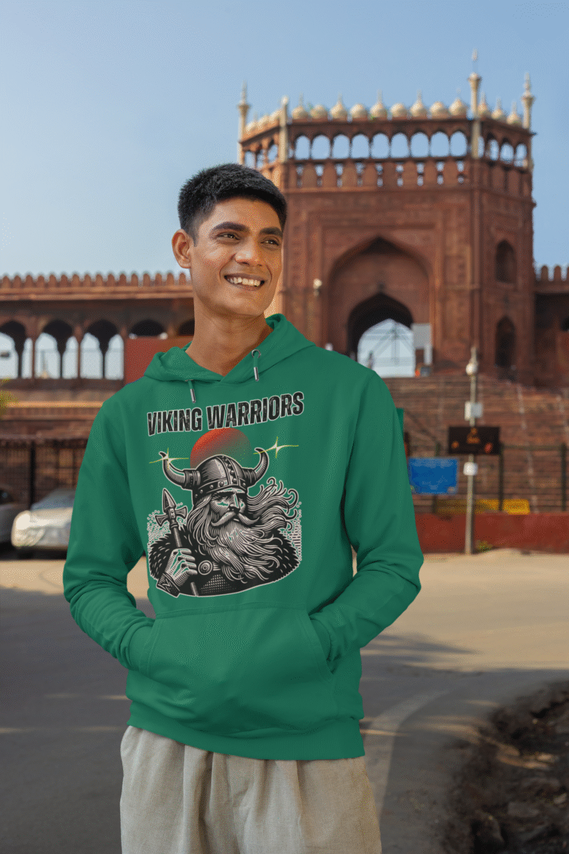 Bottle Green Viking Warrior Hoodie with bold Norse design by PodLyft, featuring a detailed warrior and dramatic red sun.