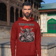 Maroon Viking Warrior Hoodie with fierce Norse style by PodLyft, displaying a warrior illustration with celestial starbursts.