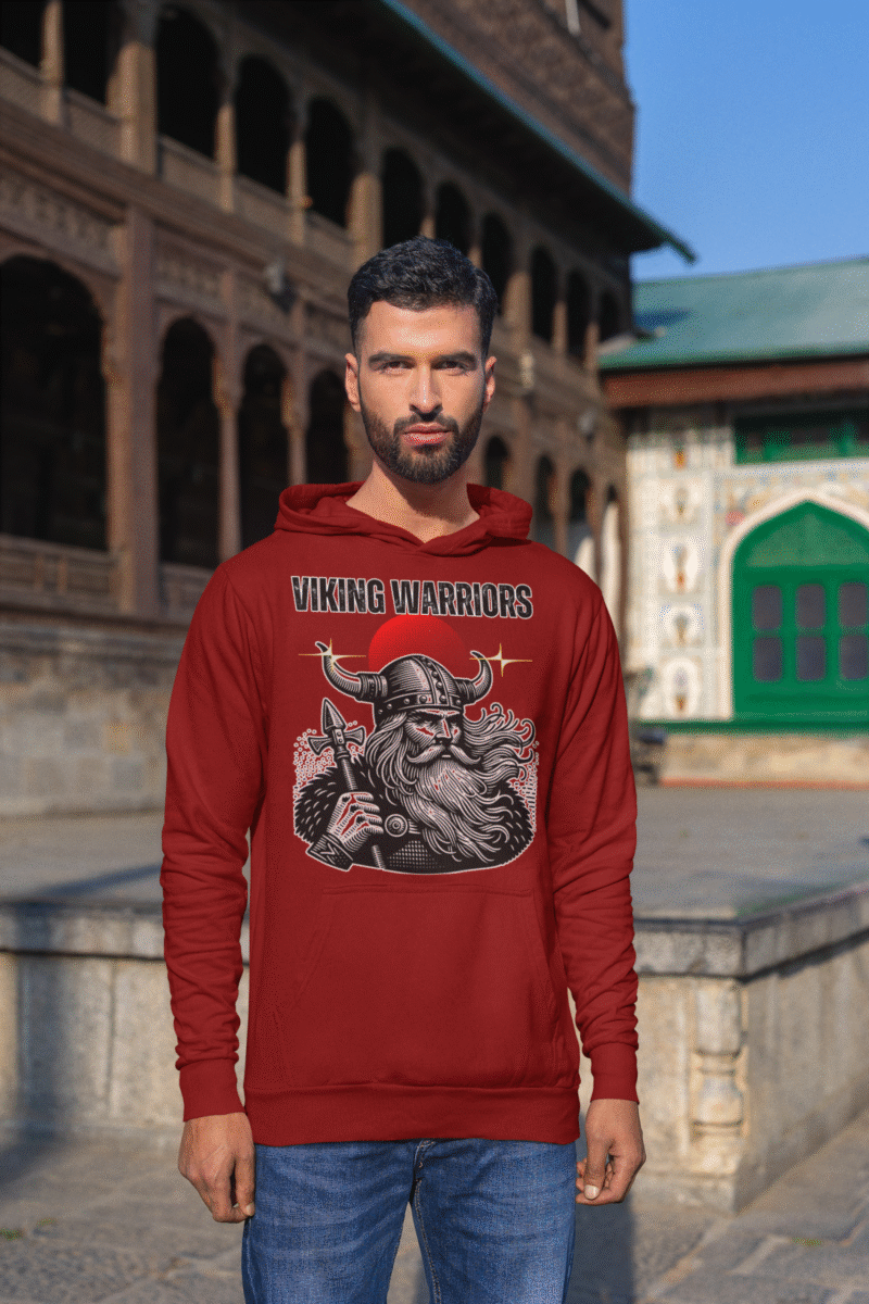 Maroon Viking Warrior Hoodie with fierce Norse style by PodLyft, displaying a warrior illustration with celestial starbursts.