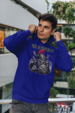 Navy Blue Viking Warrior Hoodie with rugged Norse design by PodLyft, featuring a detailed warrior and vintage etching style.