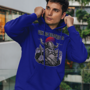 Navy Blue Viking Warrior Hoodie with rugged Norse design by PodLyft, featuring a detailed warrior and vintage etching style.