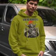 Olive Green Viking Warrior Hoodie with bold Norse design by PodLyft, showcasing a warrior with a traditional helmet and axe.