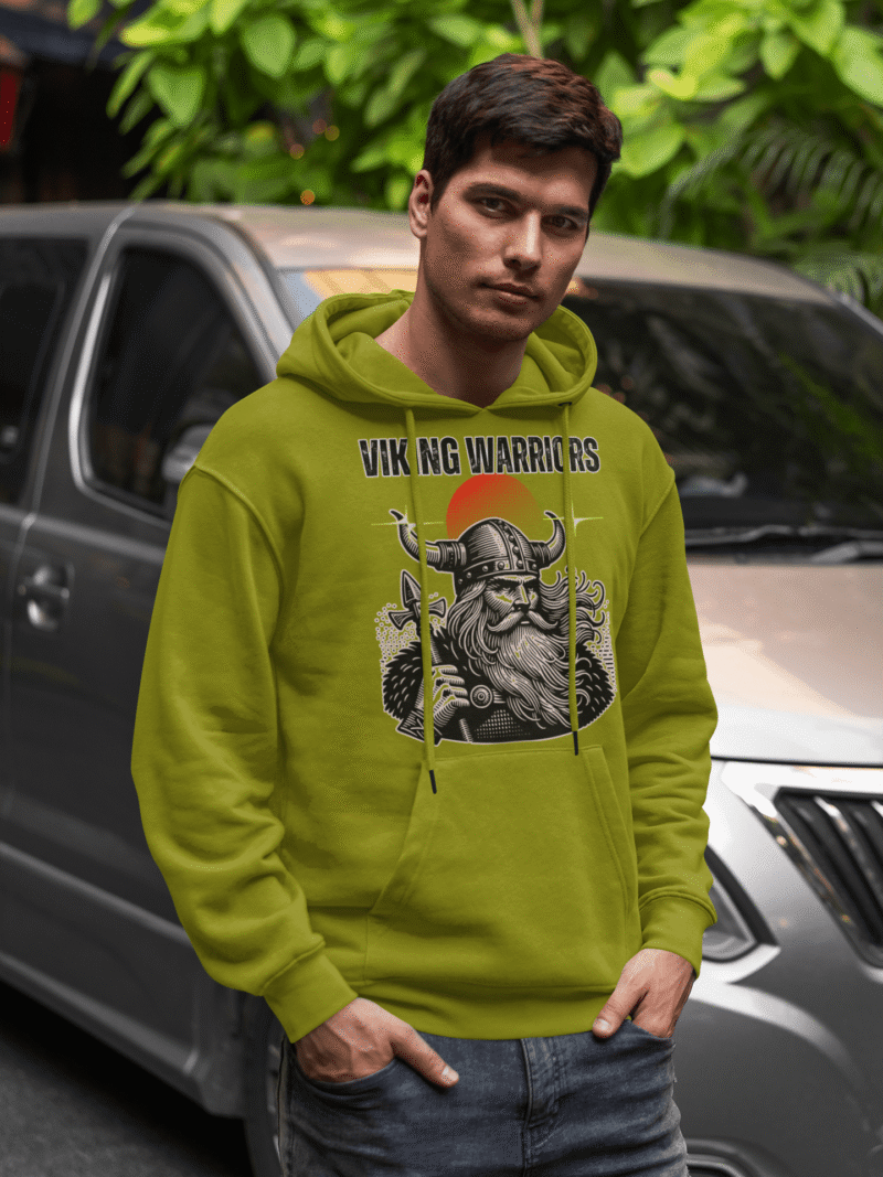 Olive Green Viking Warrior Hoodie with bold Norse design by PodLyft, showcasing a warrior with a traditional helmet and axe.