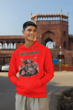 Red Viking Warrior Hoodie with fierce Norse design by PodLyft, featuring a battle-ready warrior and distressed typography.