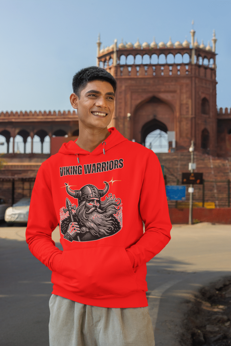 Red Viking Warrior Hoodie with fierce Norse design by PodLyft, featuring a battle-ready warrior and distressed typography.