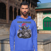 Royal Blue Viking Warrior Hoodie with rugged Norse style by PodLyft, displaying a warrior with a red sun and starburst accents.