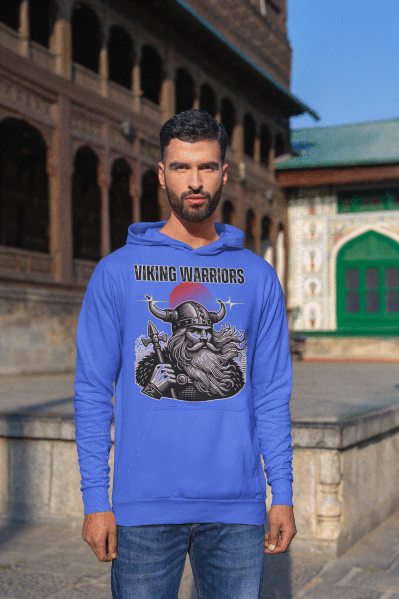 Royal Blue Viking Warrior Hoodie with rugged Norse style by PodLyft, displaying a warrior with a red sun and starburst accents.