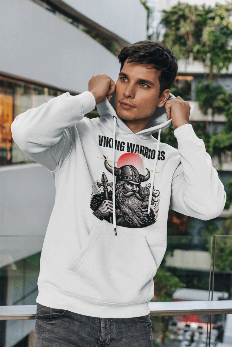 White Viking Warrior Hoodie with bold Norse design by PodLyft, featuring a detailed warrior illustration and gritty text.