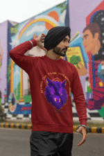 Maroon Wilderness Sweatshirt with rugged design by PodLyft, featuring striking wilderness graphics.
