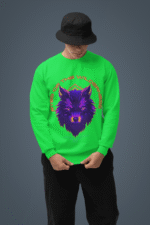 Man wearing a neon green Eyes of the Wilderness sweatshirt by PodLyft, featuring a bold, symmetrical wolf head graphic in purple and magenta tones with techno-style typography.