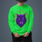 Man wearing a neon green Eyes of the Wilderness sweatshirt by PodLyft, featuring a bold, symmetrical wolf head graphic in purple and magenta tones with techno-style typography.