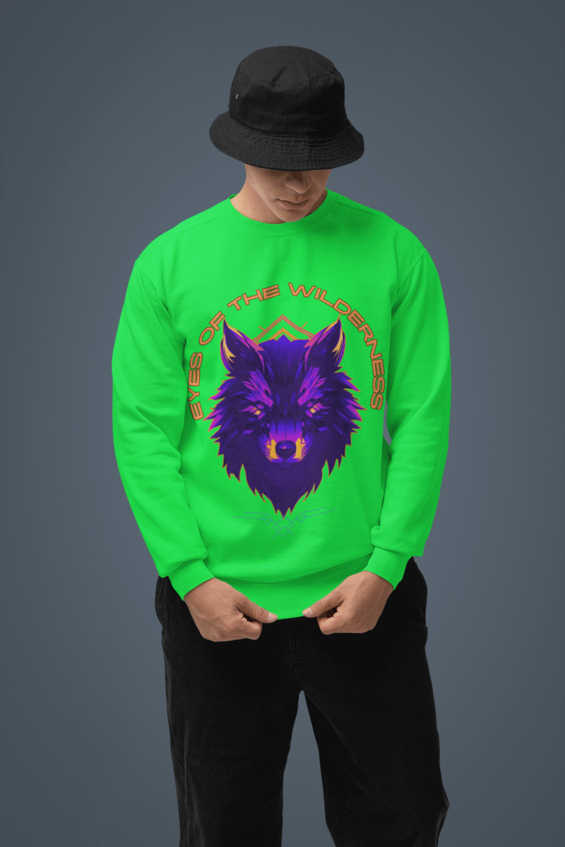 Man wearing a neon green Eyes of the Wilderness sweatshirt by PodLyft, featuring a bold, symmetrical wolf head graphic in purple and magenta tones with techno-style typography.