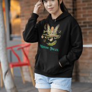 A black Nature Angel Hoodie from PodLyft, featuring a fairy-inspired design, ideal for fans of whimsical fairy style