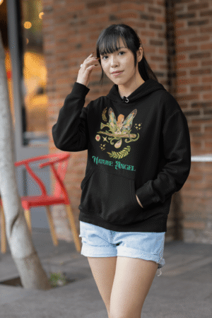 A black Nature Angel Hoodie from PodLyft, featuring a fairy-inspired design, ideal for fans of whimsical fairy style