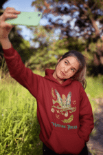 A maroon Nature Angel Hoodie from PodLyft, designed with a fairy-inspired theme, great for fairy style lovers.