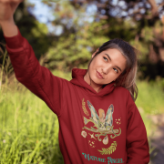 A maroon Nature Angel Hoodie from PodLyft, designed with a fairy-inspired theme, great for fairy style lovers.