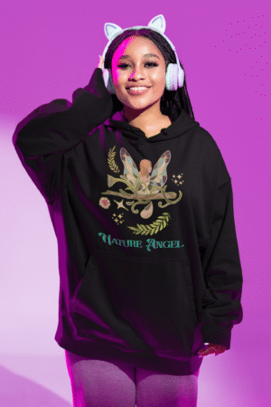 Model wearing a black Nature Angel Hoodie with fairy art - Perfect for Fairy Style Fans from PodLyft