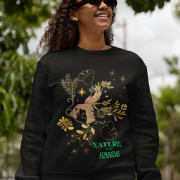 A black Nature in My Hands Sweatshirt with an eco-friendly design from PodLyft, featuring a DTG-printed graphic of hands holding nature elements like leaves and flowers on the front, displayed against a white background.