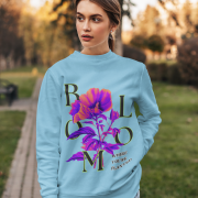 Women’s Vibrant Floral Sweatshirt in baby blue with Stay Bright design by PodLyft, displaying cheerful floral graphics for a fresh look.