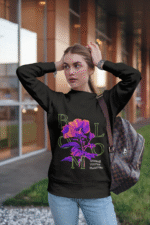 Women’s Vibrant Floral Sweatshirt in black with Stay Bright design by PodLyft, featuring bold floral graphics for a stylish casual look.