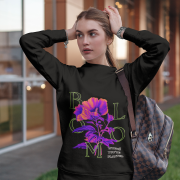 Women’s Vibrant Floral Sweatshirt in black with Stay Bright design by PodLyft, featuring bold floral graphics for a stylish casual look.