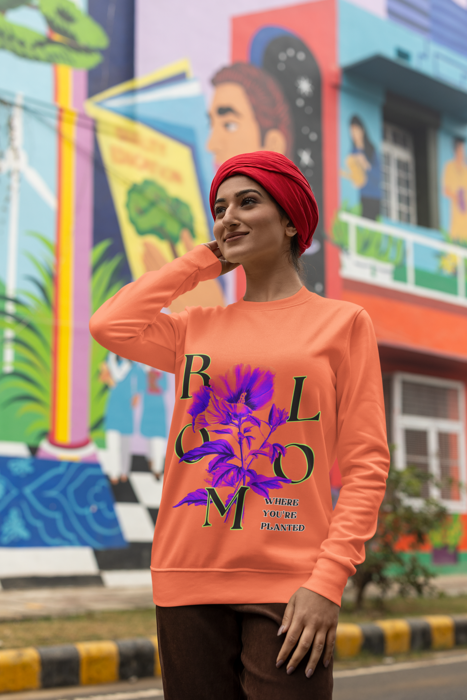 Women’s Vibrant Floral Sweatshirt in coral with Stay Bright design by PodLyft, showcasing vibrant floral graphics for a trendy outfit.