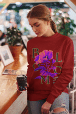 Women’s Vibrant Floral Sweatshirt in maroon with Stay Bright design by PodLyft, highlighting rich floral graphics for a bold casual vibe.