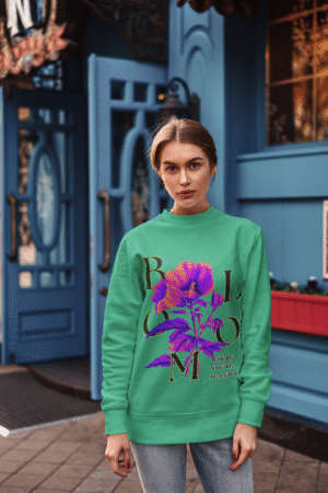 Women’s Vibrant Floral Sweatshirt in mint with Stay Bright design by PodLyft, featuring refreshing floral graphics for a vibrant outfit.