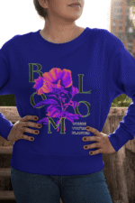 Women’s Vibrant Floral Sweatshirt in navy blue with Stay Bright design by PodLyft, showcasing striking floral graphics for a versatile look.